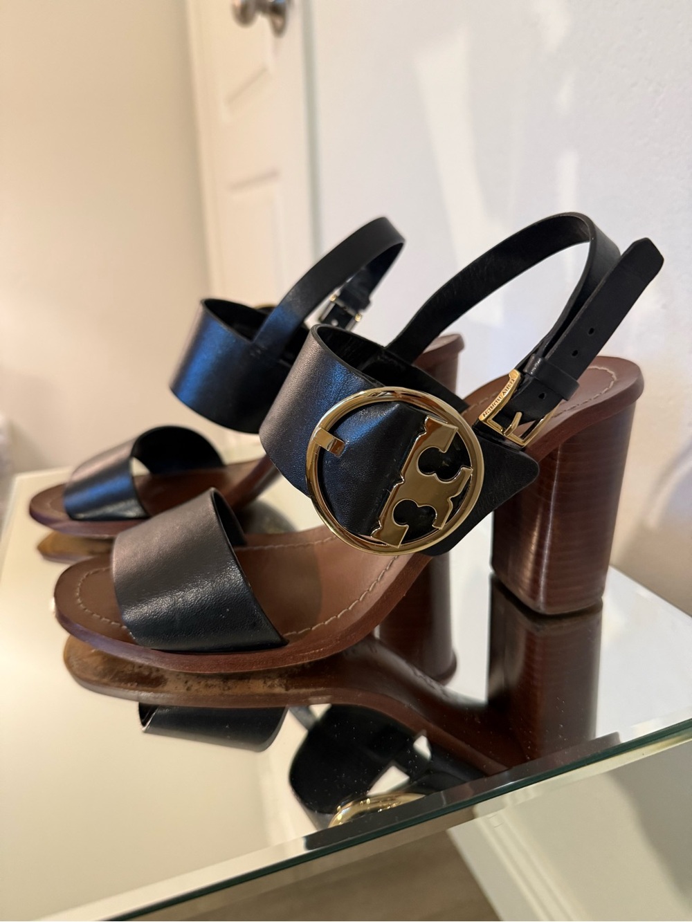 Tory Burch Black Leather Block Heel Sandals with Gold Logo Buckle